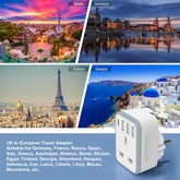 Collage of travel destinations including Spain, Germany, France, and Greece with a travel adapter in the center.
